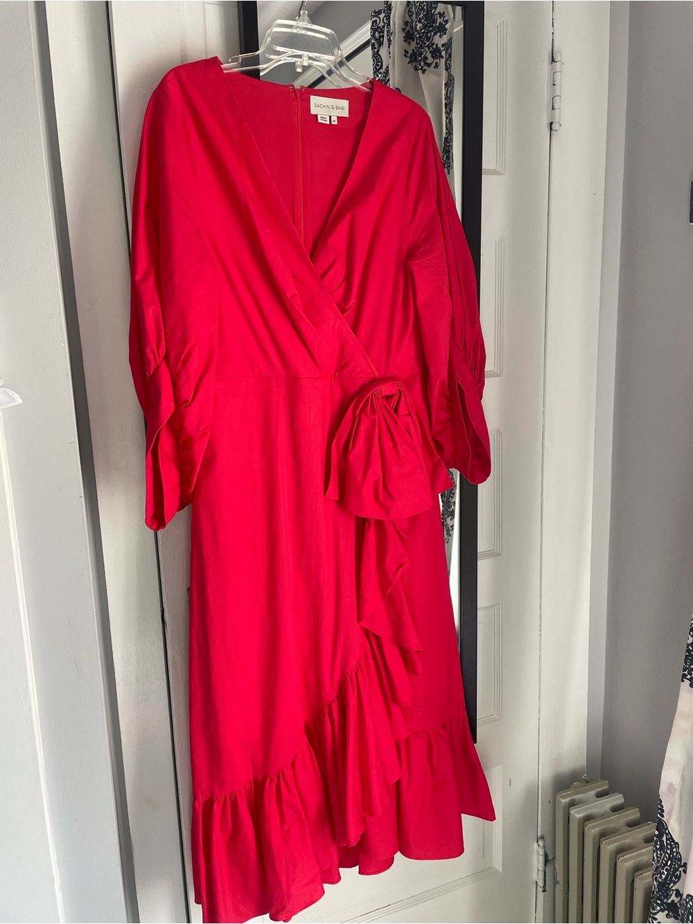 Sachin + Babi Red faux Wrap Dress with Ruffle Hem